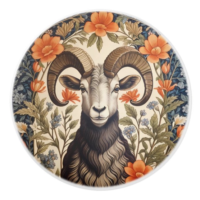 Bouton De Porte En Céramique Beautiful Bighorn Sheep William Morris Inspired (Devant)
