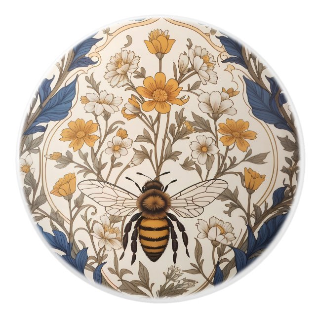 Bouton De Porte En Céramique Beautiful Yellow and Blue Floral Vintage Bee (Devant)