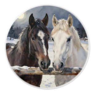 Bouton De Porte En Céramique Beaux Chevaux Bruns et Blancs dans la Neige d'Hive