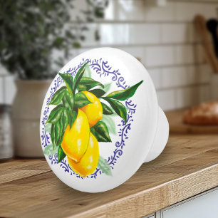 Bouton De Porte En Céramique Beaux Citrons & Toile Bleue