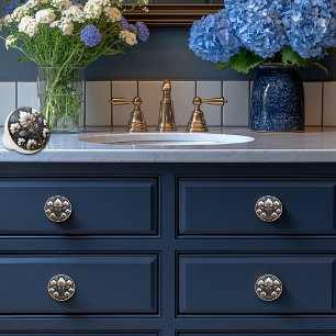 Bouton De Porte En Céramique Beaux nénuphars blancs Art Déco sur fond bleu