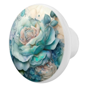 Bouton De Porte En Céramique Beaux Roses turquoise Vintages