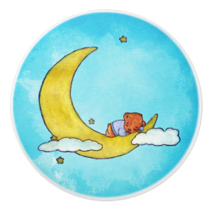Bouton De Porte En Céramique Bébé endormi Garçon ours sur la lune