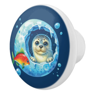 Bouton De Porte En Céramique Bébé phoque mignon Nurserie unisexe