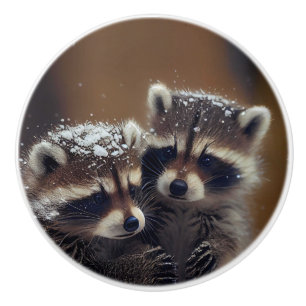Bouton De Porte En Céramique Bébé Raccoons se blottit dans la neige tombante