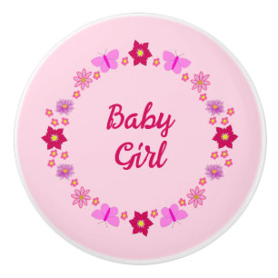 Bouton De Porte En Céramique Bébé rose Papillons et fleurs personnalisés