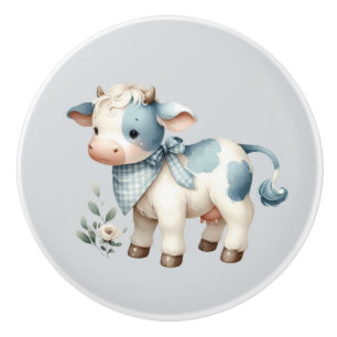 Bouton De Porte En Céramique Bébé Vache Gingham Bleu Pastel Esthétique Ferme