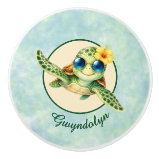 Bouton De Porte En Céramique Bébés tortues de mer mignons avec fleurs tropicale