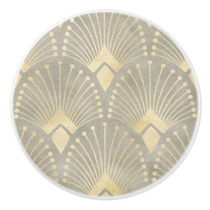 Bouton De Porte En Céramique Beige, or, Art Déco motif, vintage, rétro, Metal