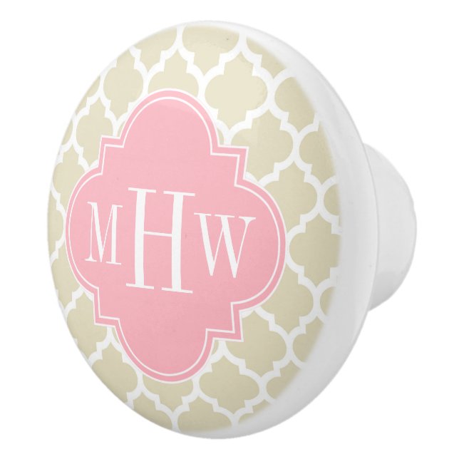 Bouton De Porte En Céramique Beige, White Moroccan #5 Pink 3 Initial Monogram (Droite)