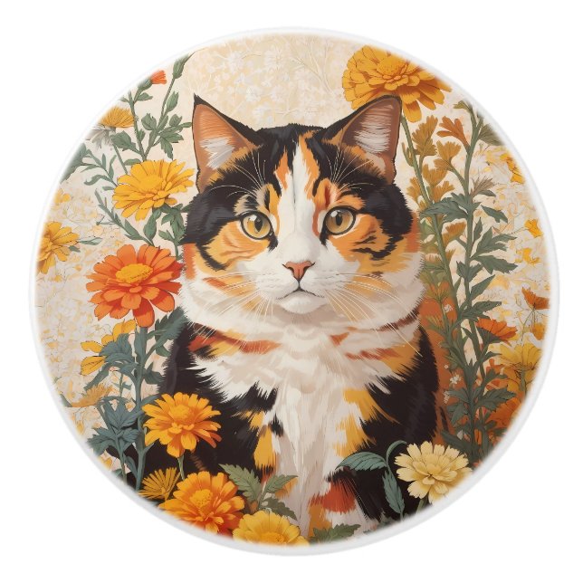 Bouton De Porte En Céramique Belle Chat Calico Avec Fleurs Marigold (Devant)