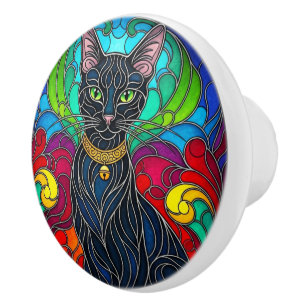 Bouton De Porte En Céramique Belle Chat Noir avec cloche Jingle, Mosaïque Art