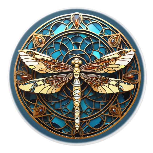 Bouton De Porte En Céramique Belle Dragonfly Art Déco Gems Turquoise Gold (Devant)