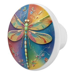 Bouton De Porte En Céramique Belle libellule arc-en-ciel - multicolore coloré