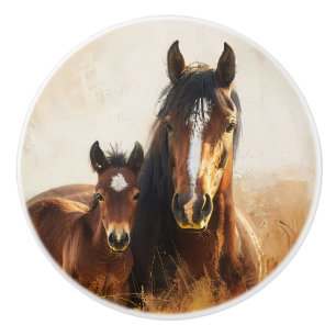 Bouton De Porte En Céramique Belle peinture de jument et de poulain