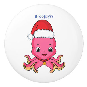 Bouton De Porte En Céramique Belle pieuvre joyeuse en casquette de Noël