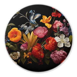 Bouton De Porte En Céramique Belles fleurs colorées sur le noir