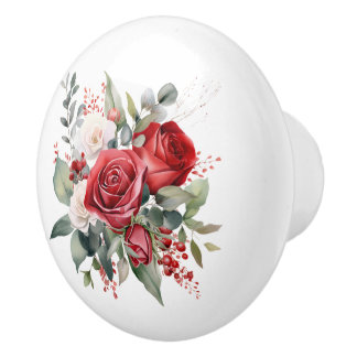 Bouton De Porte En Céramique Belles fleurs de Roses rouges et blancs