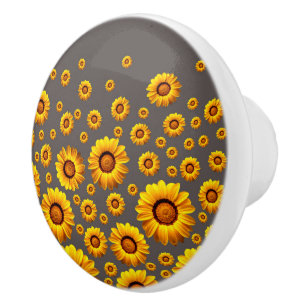 Bouton De Porte En Céramique Belles fleurs jaunes sur arrière - plan gris