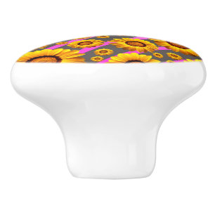 Bouton De Porte En Céramique Belles fleurs jaunes sur gris, rayures roses