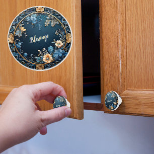 Bouton De Porte En Céramique Bénédictions Bleues Floral