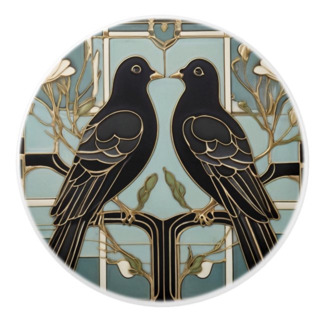 Bouton De Porte En Céramique Black Bird Art Nouveau Bird pigeons de colombe Art (Devant)