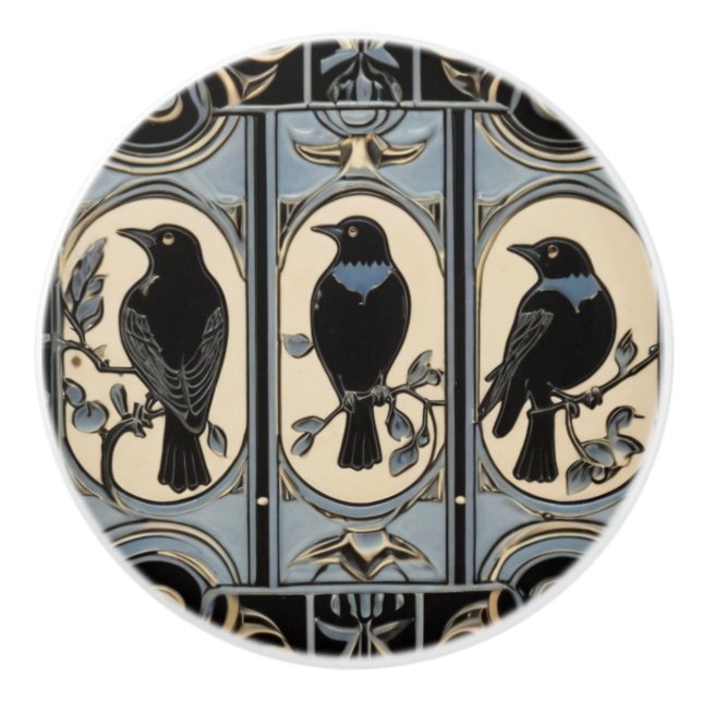 Bouton De Porte En Céramique Black Crow Bird Art Nouveau Art Déco Bird (Devant)