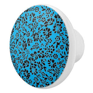Bouton De Porte En Céramique Black & Sky Blue Flowers