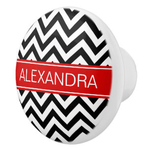 Bouton De Porte En Céramique Black White LG Chevron Red Name monogram
