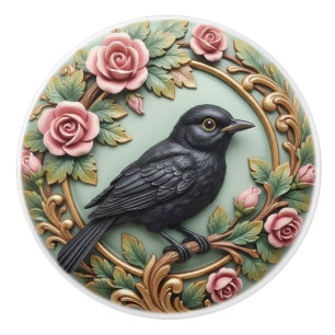 Bouton De Porte En Céramique Blackbird Oiseau Vintage Victorien Roses Fleurs Ro