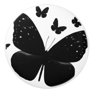 Bouton De Porte En Céramique Blanc avec papillons noirs chic décor papillon