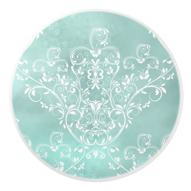 Bouton De Porte En Céramique Blanc élégant sur Damas Turquoise (Devant)