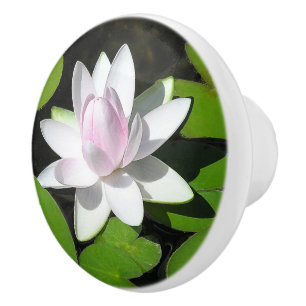 BOUTON DE PORTE EN CÉRAMIQUE BLANC ET PÂLE ROSE LOTUS BLOSSOM AVEC LILY PADS