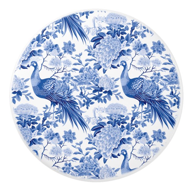 Bouton De Porte En Céramique Bleu Blanc Chinoiserie Floral Peacock Birds (Devant)