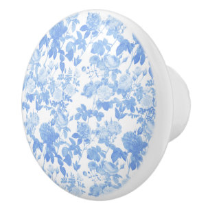 Bouton De Porte En Céramique Bleu Blanc Fleurs Roses Motif Chinois de Style Fra