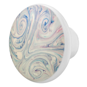 Bouton De Porte En Céramique Bleu blanc rose moderne Fluid Marbling Art Abstrai