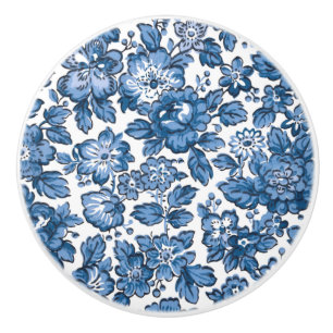 Bouton De Porte En Céramique Bleu Boho et flore blanche