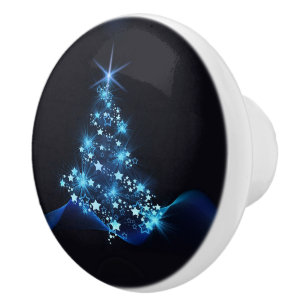Bouton De Porte En Céramique Bleu brillant des étoiles sur l'arbre de Noël fonc