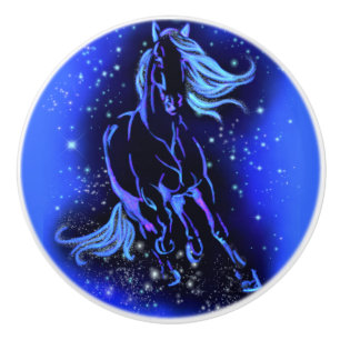 Bouton De Porte En Céramique Bleu Ceramic Knob Horse Courir À Starry Night