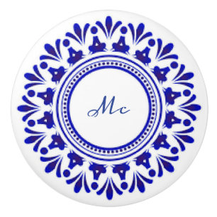 Bouton De Porte En Céramique Bleu de Cobalt "Le Fleur"