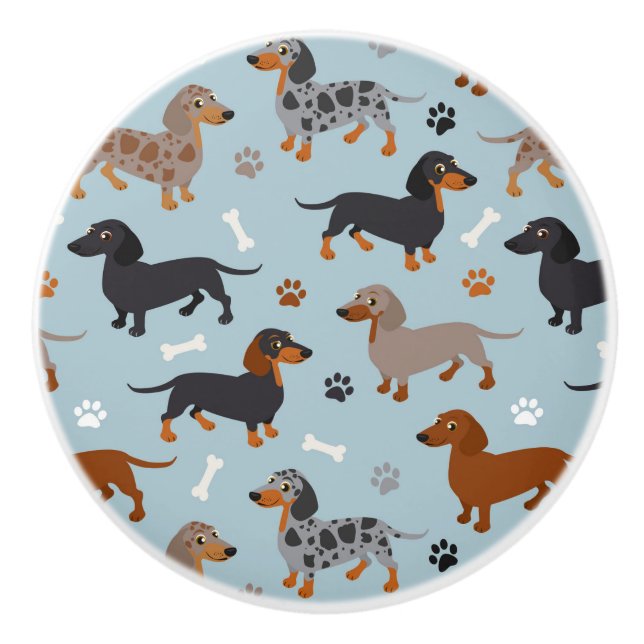 Bouton De Porte En Céramique Bleu de Dachshund Paws et Bones Motif (Devant)
