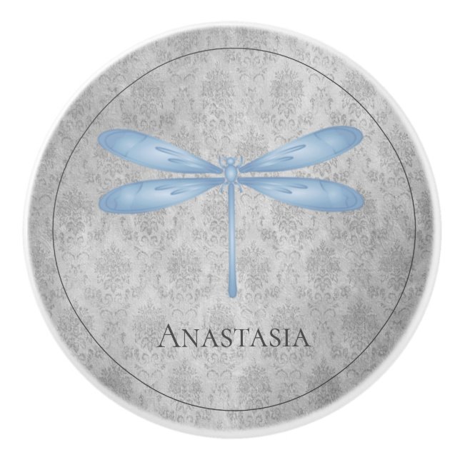 Bouton De Porte En Céramique Bleu Dragonfly Damas (Devant)