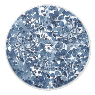 Bouton De Porte En Céramique Bleu et blanc Aquarelle papillon floral Élégant