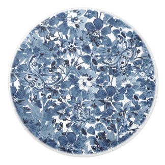 Bouton De Porte En Céramique Bleu et blanc Aquarelle papillon floral Élégant