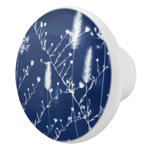 Bouton De Porte En Céramique Bleu et blanc - Cyanotype de prairie décoratif