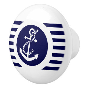 Bouton De Porte En Céramique Bleu et blanc de la marine avec Ancre marine