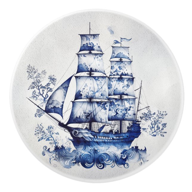 Bouton De Porte En Céramique Bleu et blanc Delft voilier en mer (Devant)