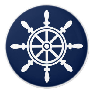 Bouton De Porte En Céramique Bleu et blanc, la roue du bateau, nautique