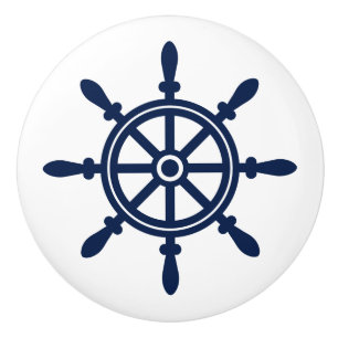 Bouton De Porte En Céramique Bleu et blanc, la roue du bateau, nautique