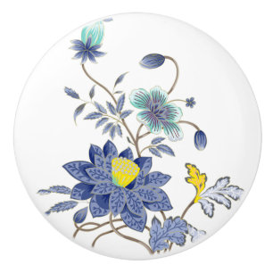 Bouton De Porte En Céramique Bleu et Fleurs Jaunes Tirage en céramique